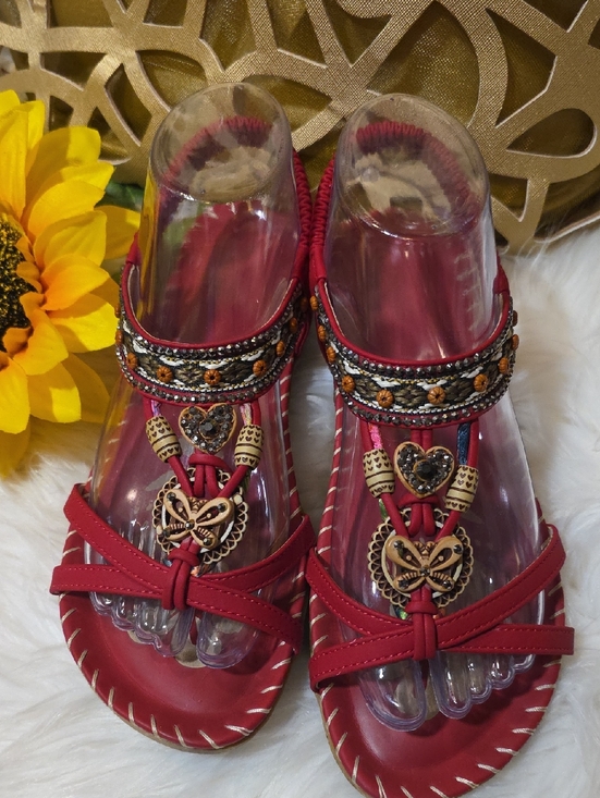 Shoes - Women's Red Embellished T-Strap Sandals with Wooden Accents
